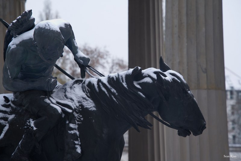 Berlin Statues In Snow - SA707060.editted-Hun-on-Horseback-by-E-Hosel_closer-statue-Pergamon-museum